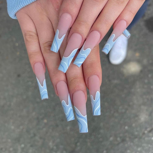 Maybe Wavy Long Square Blue Groovy Press On Nails
