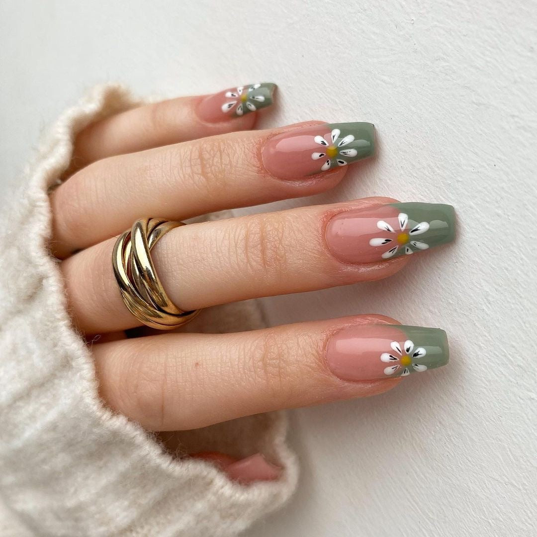 End Blossom Long Coffin Green Fall St. Patrick's Day Press On Nails