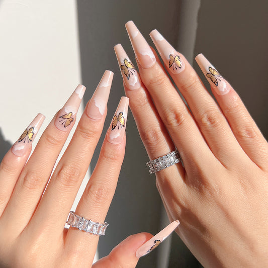Butterfly Clouds Long Coffin Beige Cute Press On Nails