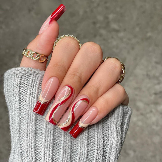 Holiday Party Long Square Red Winter Press On Nails
