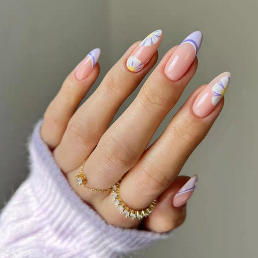 Countryside Long Almond Purple Floral Press On Nails