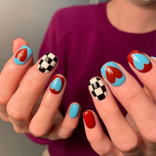 Playful Short Square Blue Hearts Press On Nails