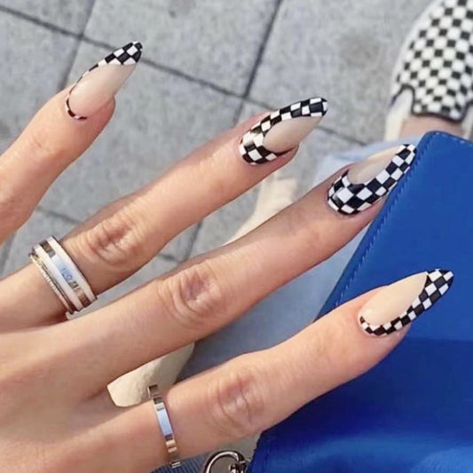 Racerback Chick Long Almond Black Pattern Press On Nails