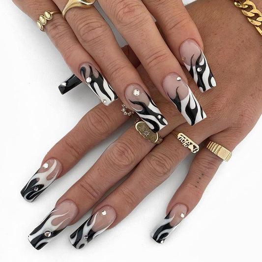 Burn Me Alive Long Square White Pattern Press On Nails