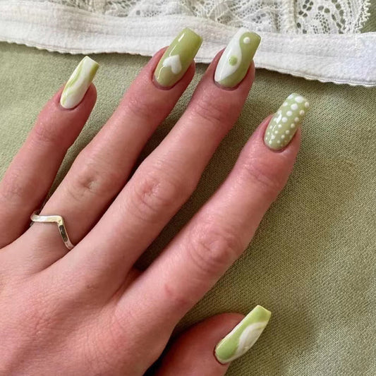 Puff Pattern Long Square Green Cute St. Patrick's Day Press On Nails