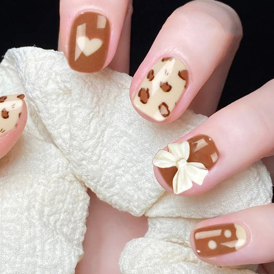 Tasteful Girly Short Square Brown Cute Press On Nails