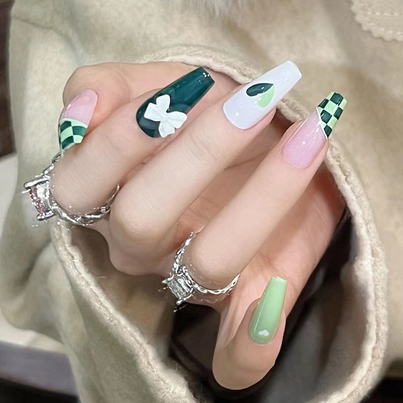 Check and Mate Long Coffin Green Hearts St. Patrick's Day Press On Nails