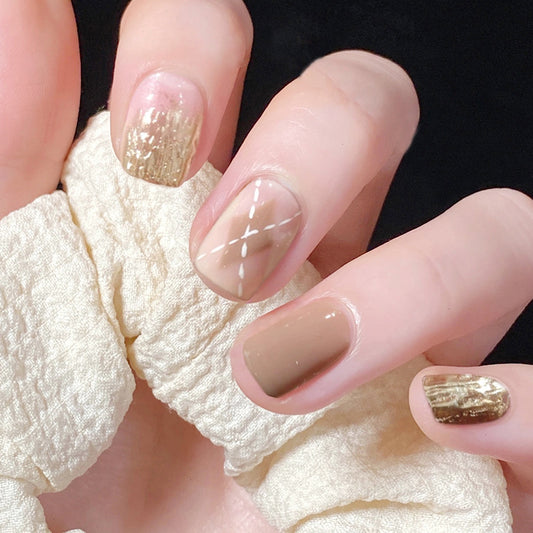 School Girl Short Square Brown Winter Press On Nails