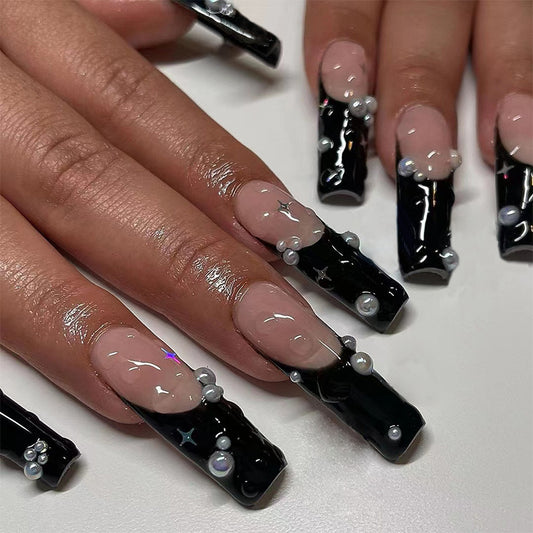 Charge My Room Long Square Black Studded Press On Nails