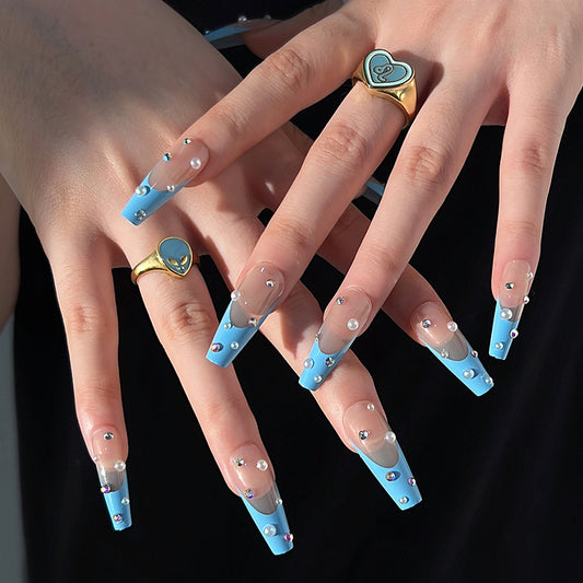 Be Nice Long Coffin Blue Studded Press On Nails
