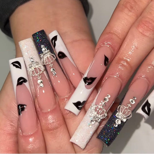 Fix Your Crown Long Square Black Bold Press On Nails