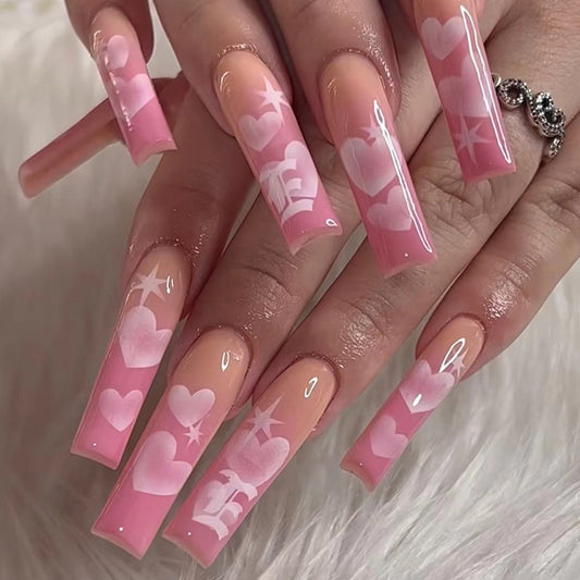 Spray Paint Heart Long Square Pink Hearts Press On Nails