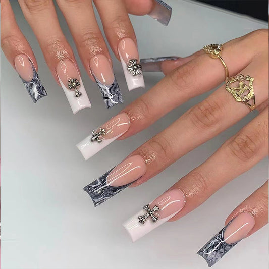 Metal Crosses Long Coffin White Studded Press On Nails