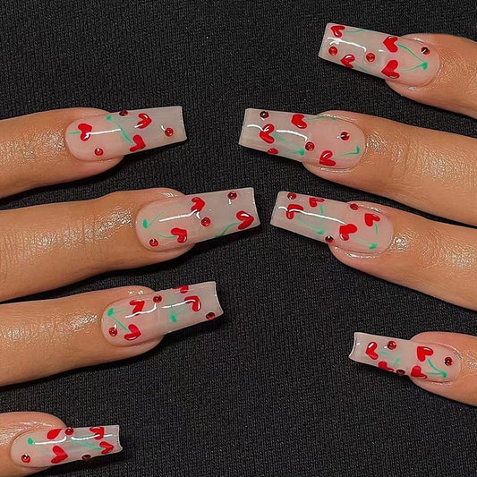 Cheery Cherry Long Square White Fruit Press On Nails