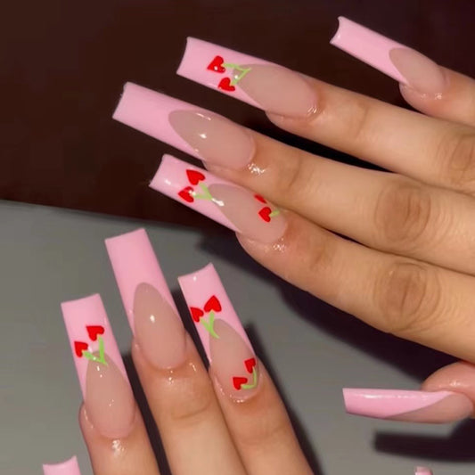 Juicy Cherry Long Square Pink Fruit Press On Nails
