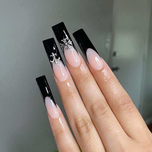 You Totally Rock Long Coffin Black Studded Press On Nails