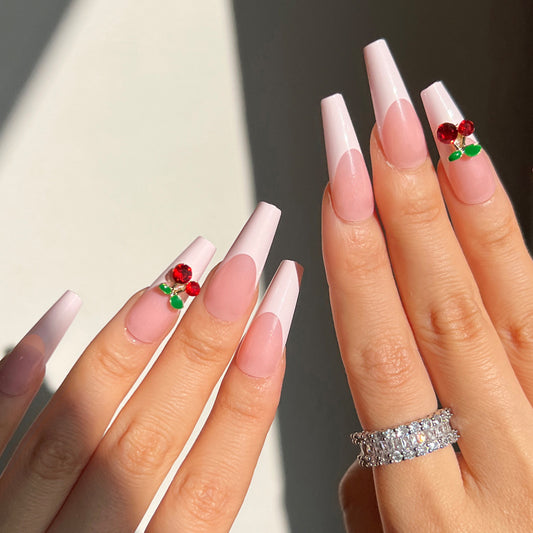 Cherry On Top Long Coffin Pink Fruit Press On Nails
