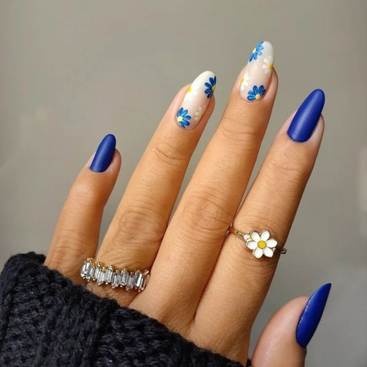 Classic Cassie Long Oval Blue Floral Press On Nails