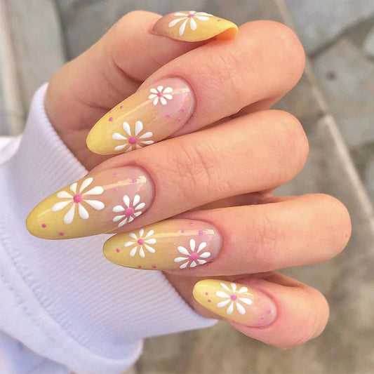 Be The Change Long Oval Yellow Floral Press On Nails