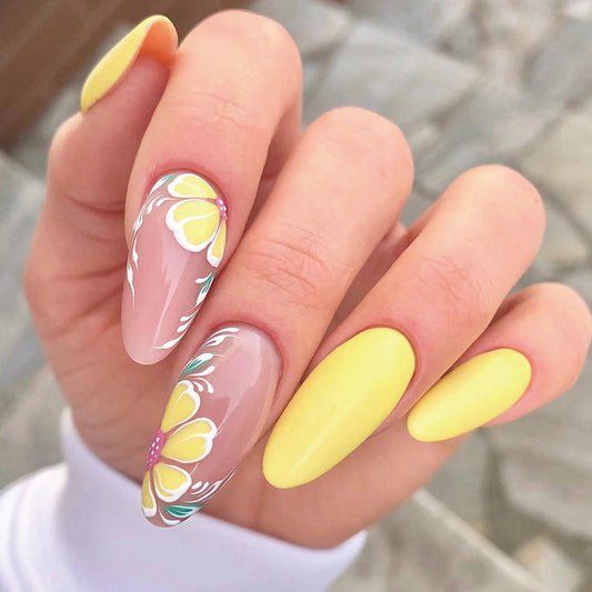 Island Flower Long Almond Yellow Beach Press On Nails