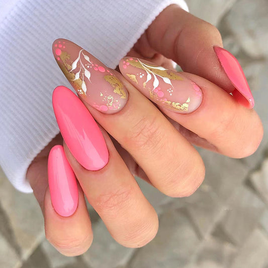 Gold Leaves Long Oval Pink Glam Press On Nails