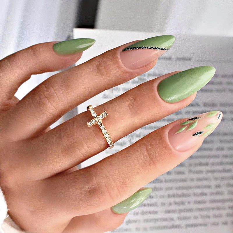 Healthy Routine Long Oval Green Fall St. Patrick's Day Press On Nails