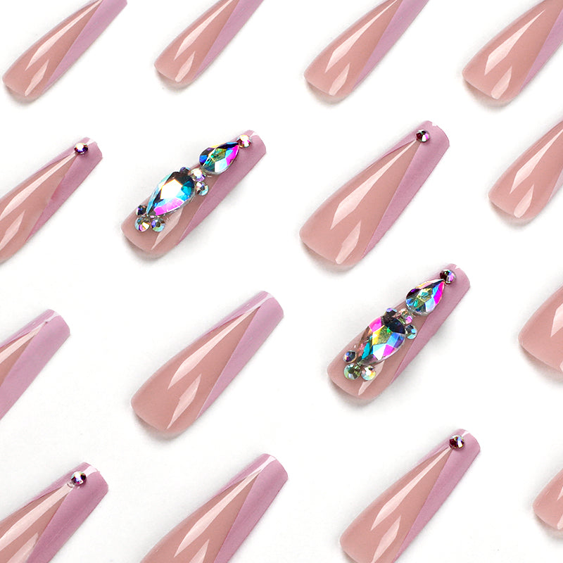 Little Zip Long Coffin Pink Studded Press On Nails