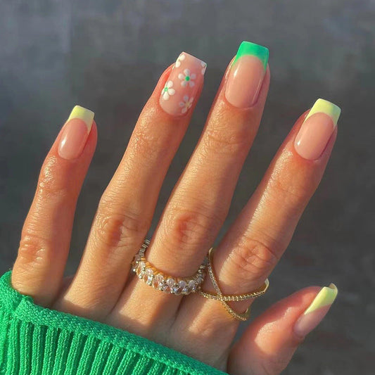 Early Riser Short Square Green Floral French Tips Press On Nails