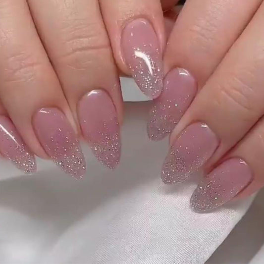 Aurora Glitter Long Almond Pink Glam Press On Nails
