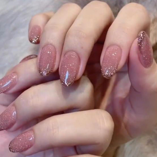 Aurora Glitter French Medium Almond Pink Everyday Press On Nails