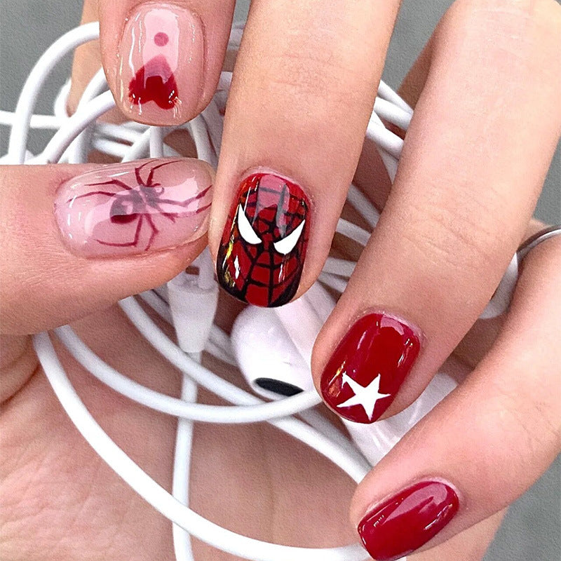 Spiderman Starts Short Round Red Cartoon Press On Nails