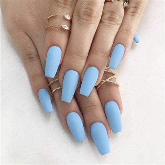 Classic Solid Matte Medium Coffin Blue Everyday Press On Nails