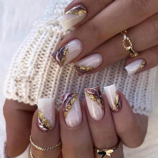 Marble Ombre Medium Square Gold Abstract Press On Nails