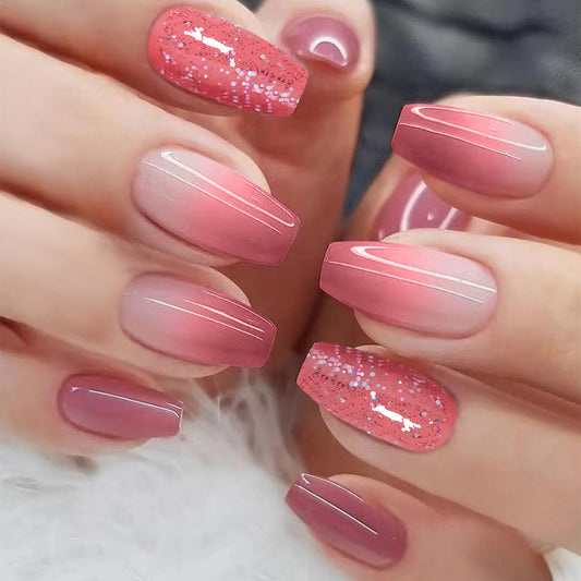 Enchanted Evening Medium Coffin Pink Glitter Accent Press On Nail Set