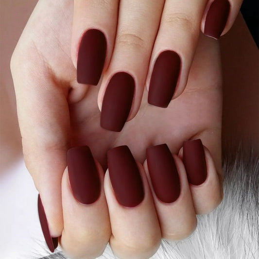 Elegant Autumn Burgundy Medium Coffin Matte Finish Press On Nail Set for Alluring Manicures