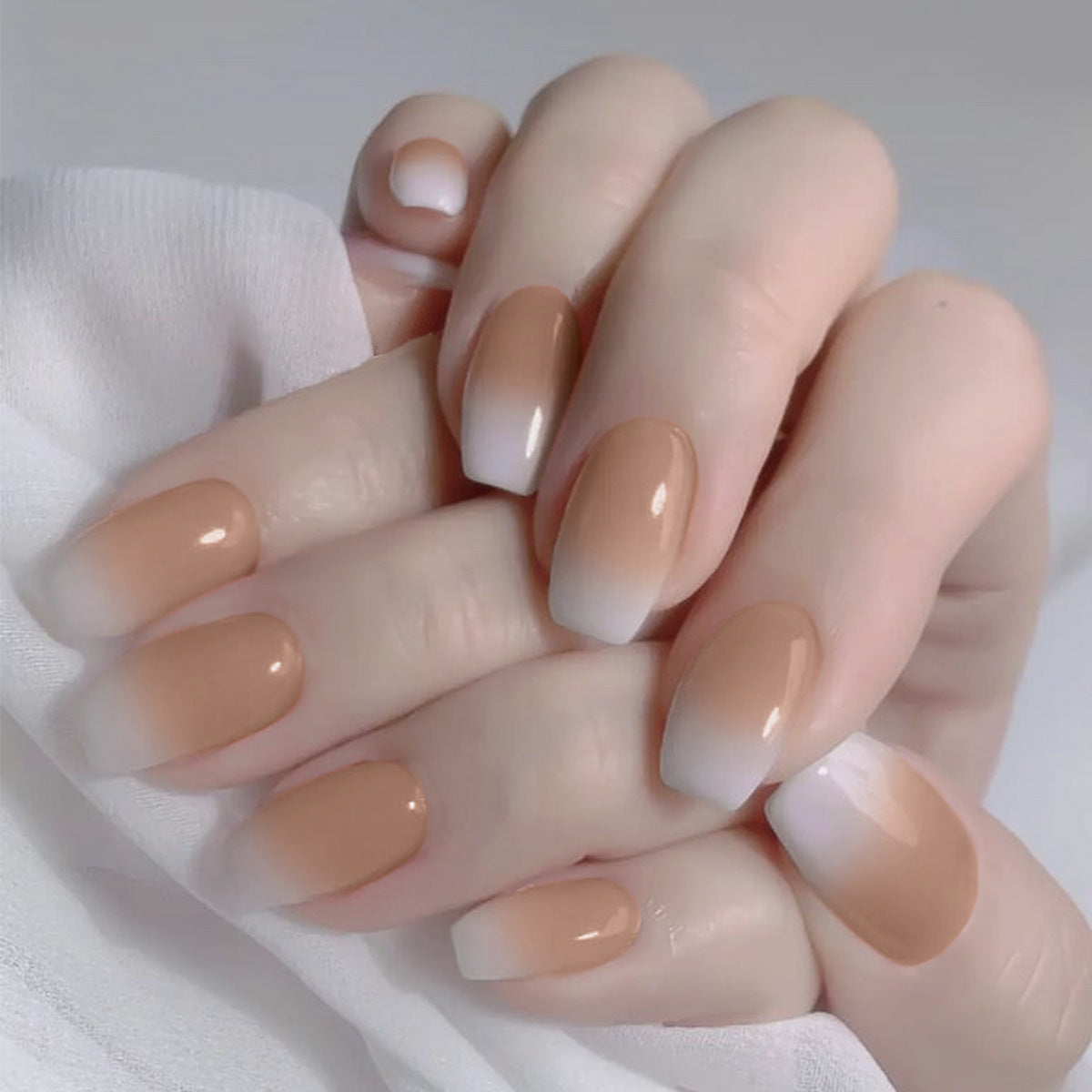 Elegant French Ombr‚âàŒ© Medium Coffin Beige and White Press On Nail Set with Gradient Design