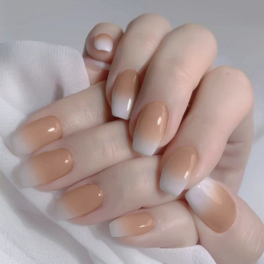 Elegant French Ombr‚âàŒ© Medium Coffin Beige and White Press On Nail Set with Gradient Design