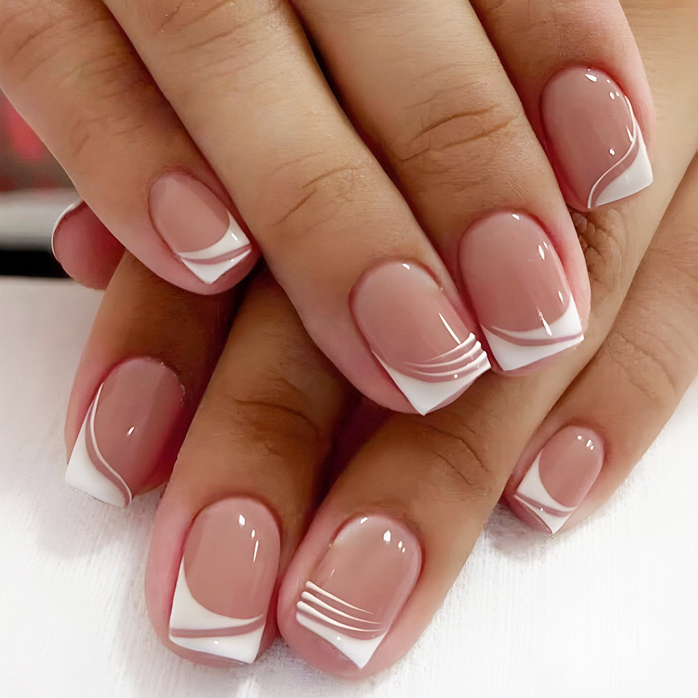 Elegant French Manicure Short Square Beige and White Press On Nails with Line Art Accents