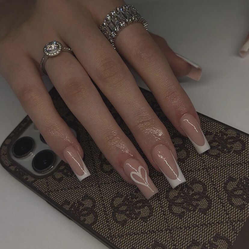 Elegant Romance Long Coffin French Tip Press on Nail Set with Beige Base and White Heart Accent