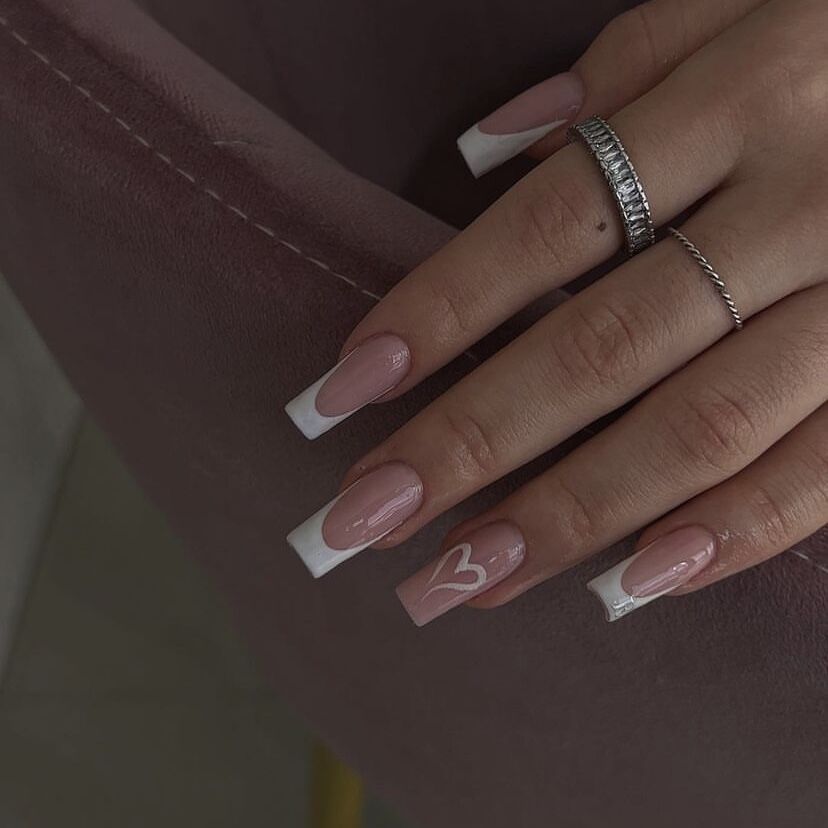 Elegant Romance Long Coffin Beige and White Press On Nail Set with Heart Accent