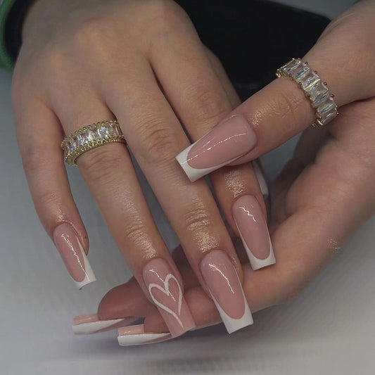 Romantic Elegance Long Coffin Beige Press On Nail Set with White Heart Accent Design