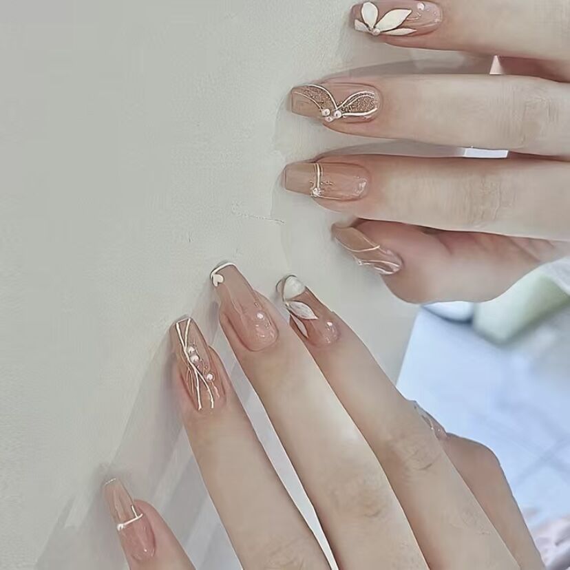 Elegant Butterfly Charm Long Coffin Peach Press On Nail Set with Metallic Accents