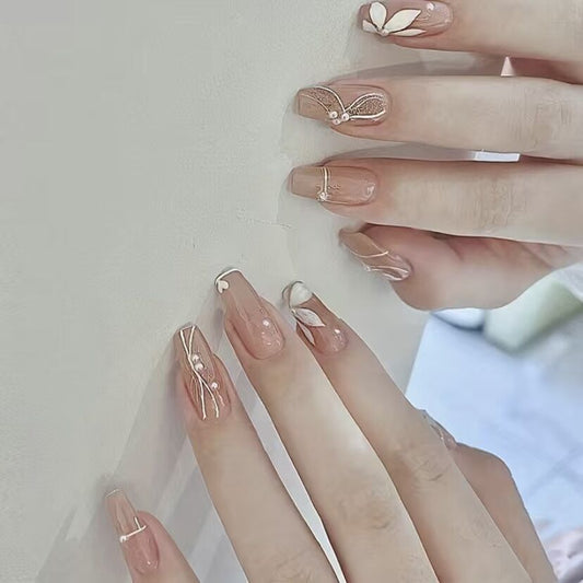 Elegant Butterfly Charm Long Coffin Peach Press On Nail Set with Metallic Accents