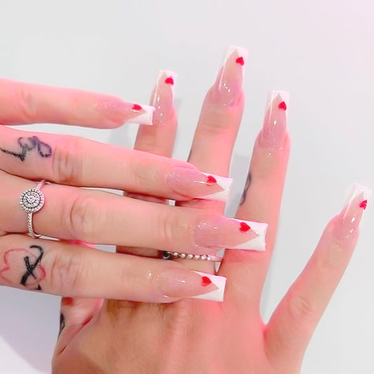 Valentine's Day Romance Medium Square Shaped Clear Press On Nail Set with Red Accents and Glitter Detail