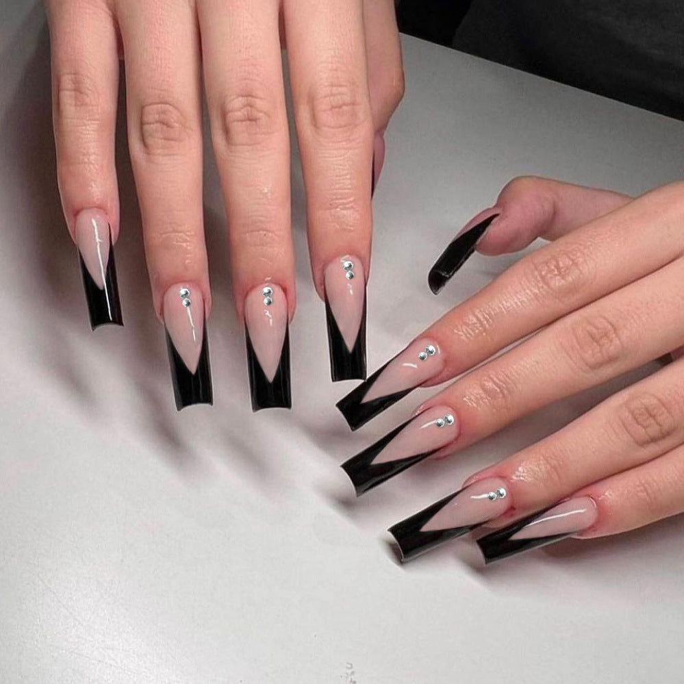 Midnight Elegance Extra Long Square Black and Beige Ombre Press On Nail Set with Rhinestone Accents
