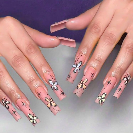 Butterfly Dreams Extra-Long Square Pink Press On Nails with Hand-Painted Butterfly Accents
