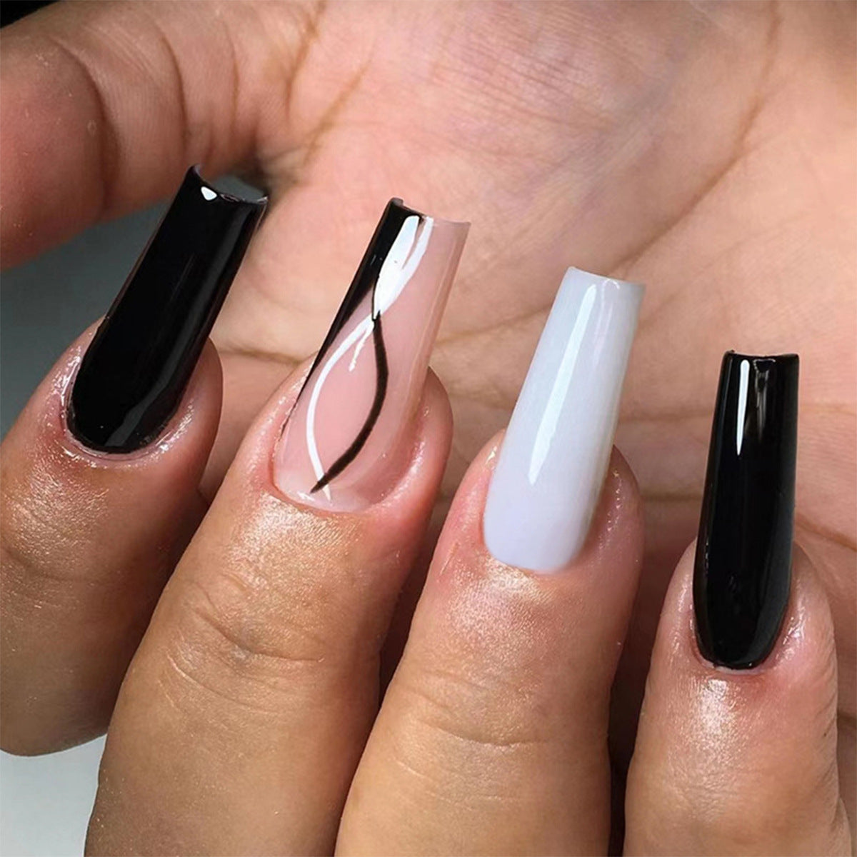 Elegant Evening Long Square Shaped Press On Nail Set in Black and White Ombre with Glossy Finish