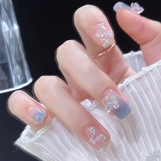 Enchanted Garden Medium-Length Square-Shaped Gradient Blue Press On Nails with Floral Rhinestone Accents