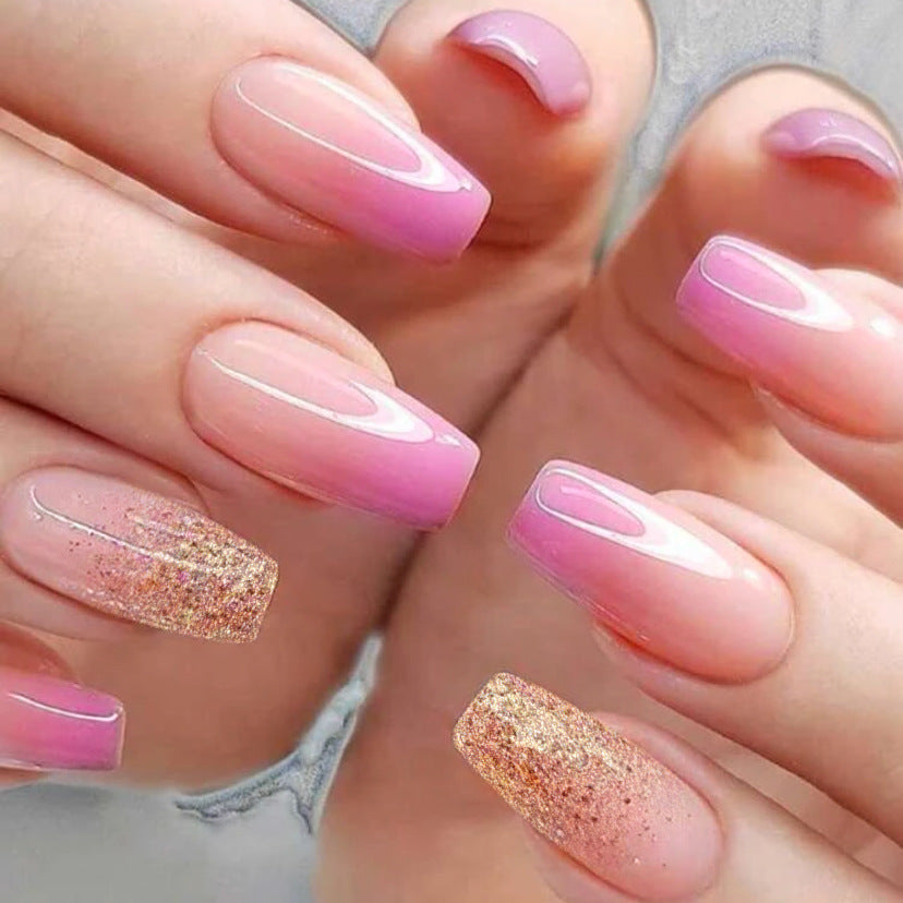 Glittering Sundown Glam Medium Coffin Pink Ombre Press On Nails with Sparkling Accent