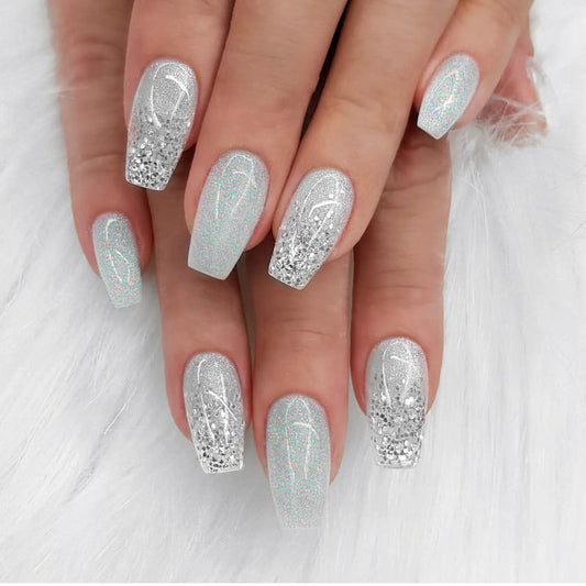 Elegant Gala Medium Coffin Silver Glitter Press On Nail Set with Rhinestone Accents